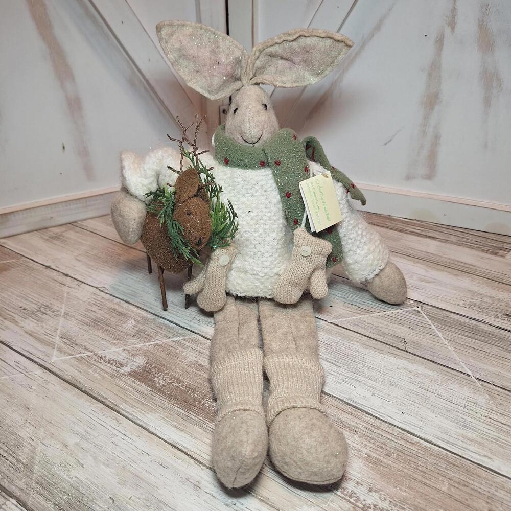 Carol King 18" Christmas Rabbit Plush Holding a Reindeer Bean Bottom